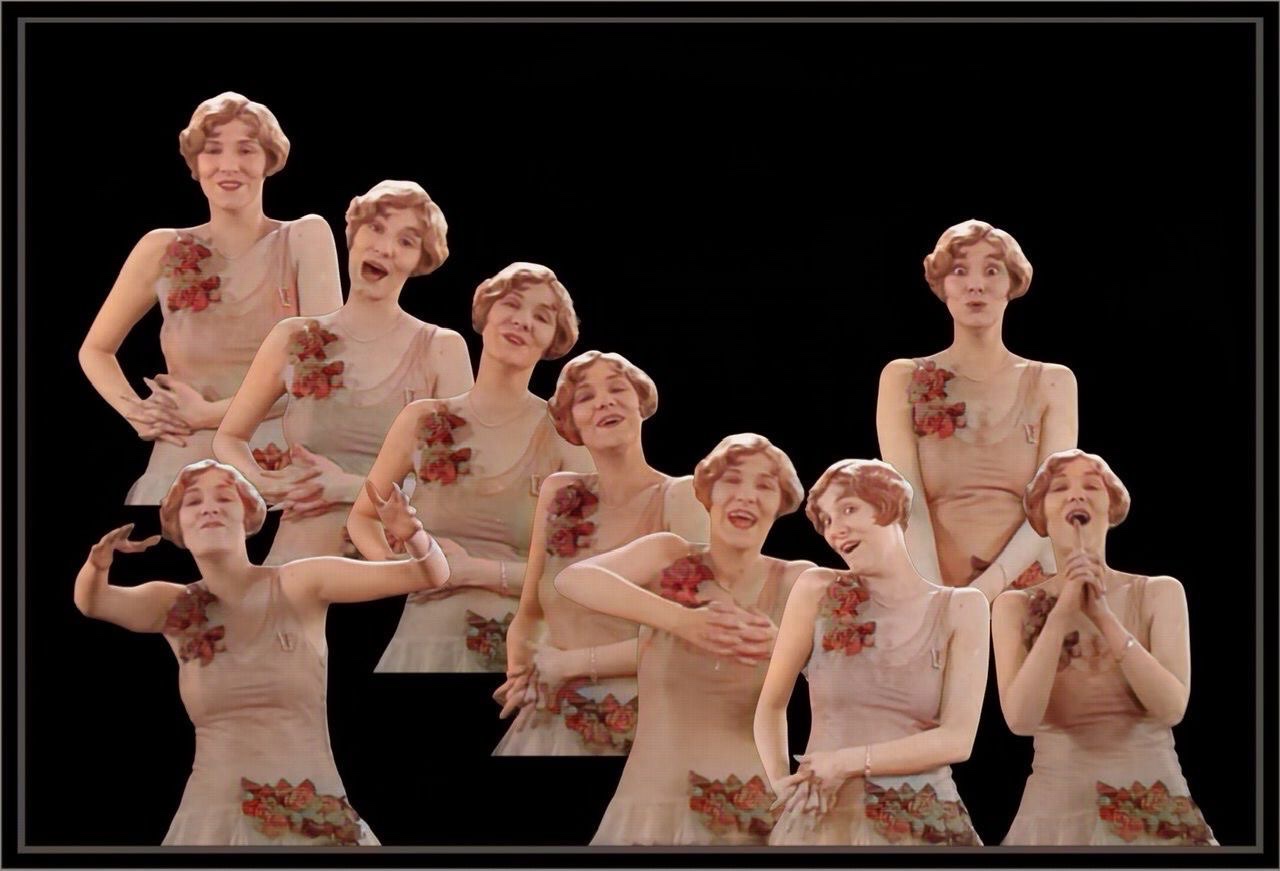 Nine colorized cutouts of Marion Harris in different poses splayed across the image mostly diagonally down from upper left to lower right using screen captures from film "Marion Harris, Songbird of Jazz" (1928).