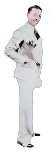 A colorized detail of a photograph of a smiling Lester Young standing in right profile in a white suit without his saxophone 🎷.