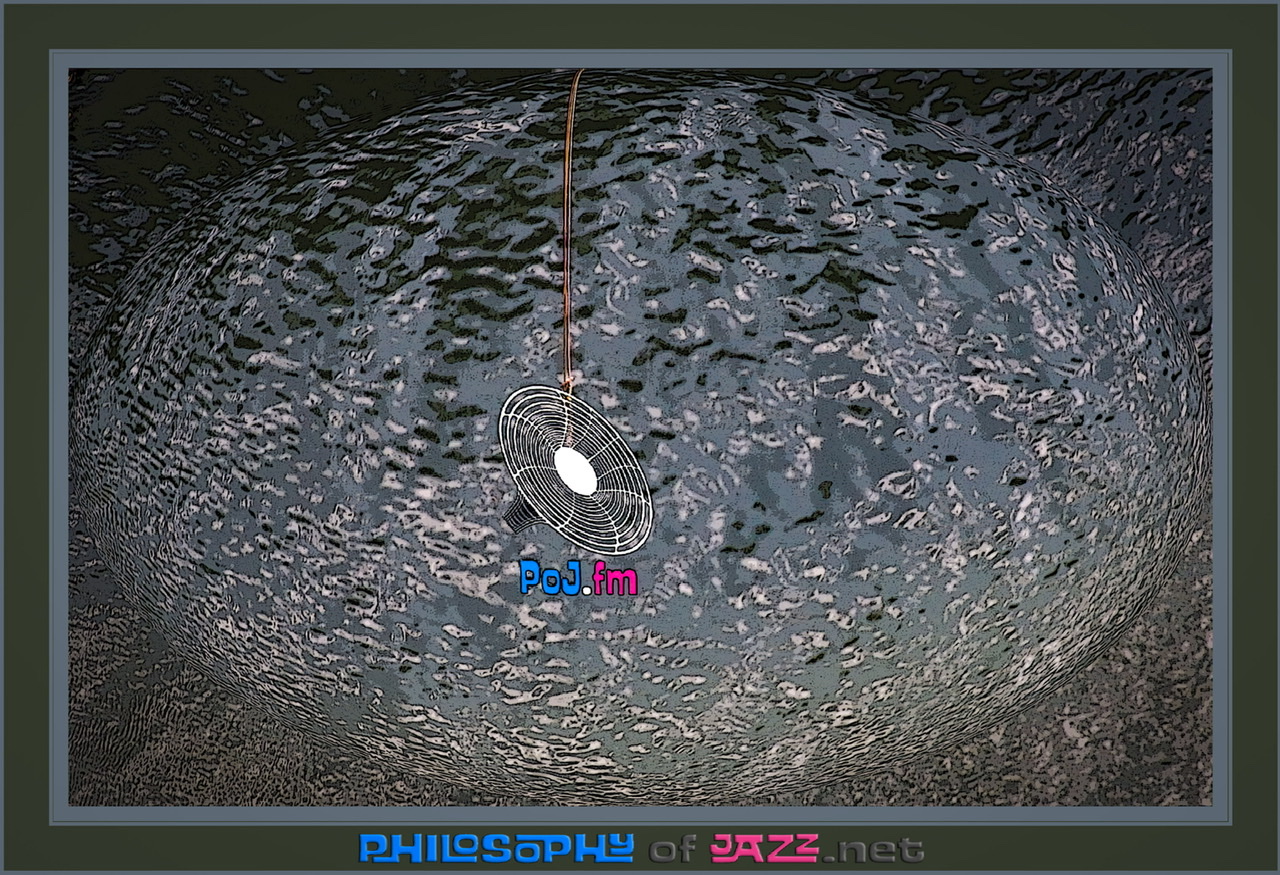 The PoJ.fm logo centered at the end of a rope over dark black to gray water that has an oval spotlight bulge effect underneath it.