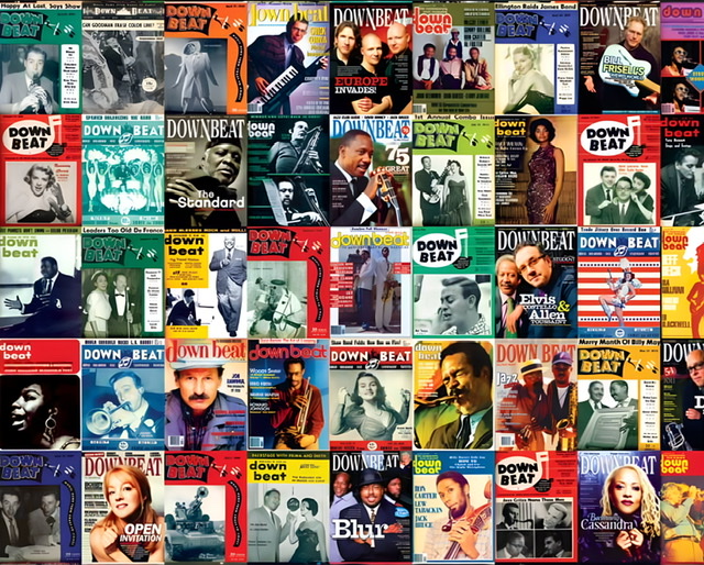 A compilation of five rows of nine each of DownBeat magazine covers in color.