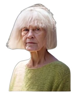 A color photograph of Carla Bley at age eighty-two with a stern expression.