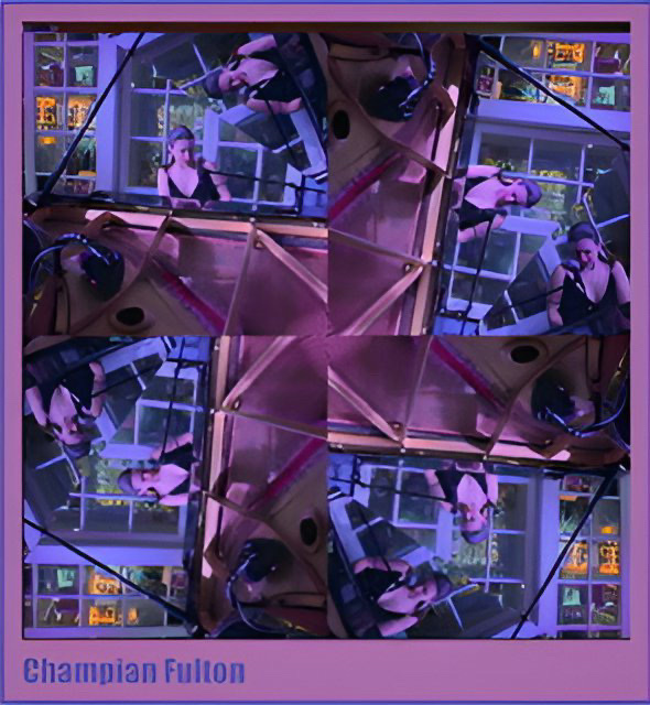 A raspberry colored framing of the same photo in four quadrants rotated by 90° each quadrant of Champian Fulton sitting at piano with her reflection seen in the underside of the piano lid producing a mild kaleidoscopic image.