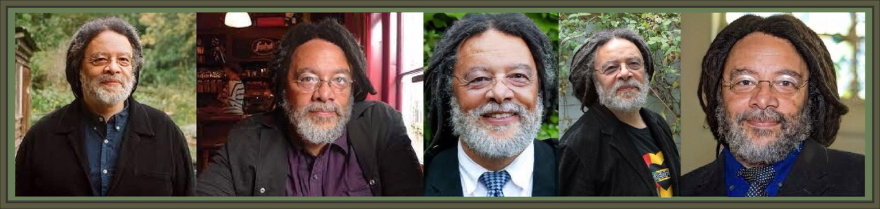 A framed composite of five  color photographs of headshots of Paul Gilroy.