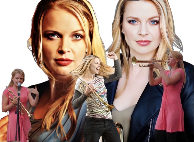 Five transparent photographic cutouts of Bria Skonberg enhanced in a composite.