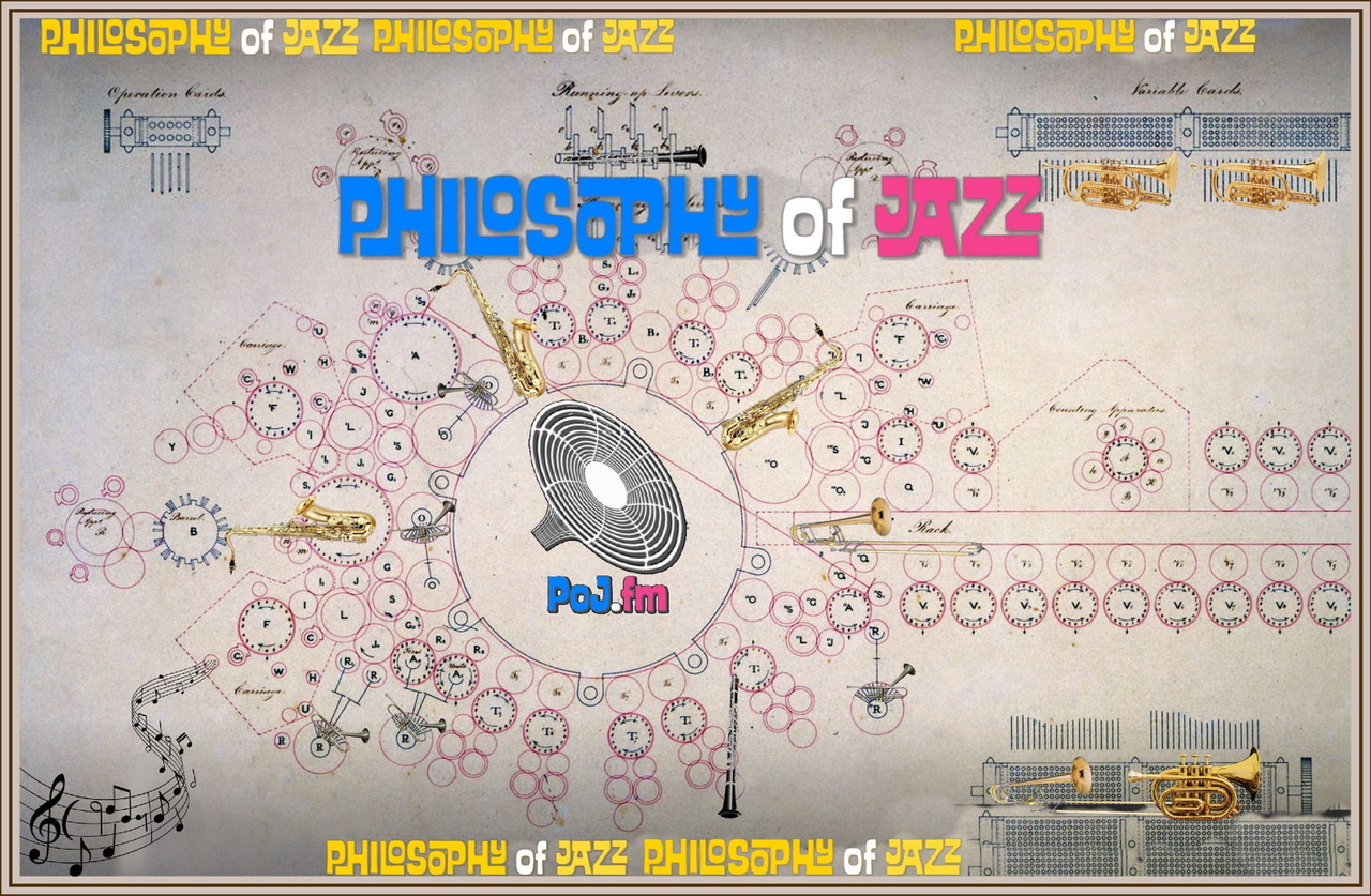 A color diagram of Charles Babbage's Analytical Engine on uneven muted white paper with precisely drawn thin-lined pastel purple circular gear symbols with added musical instrument overlays as parts ⚙️ and PoJ.fm logos.