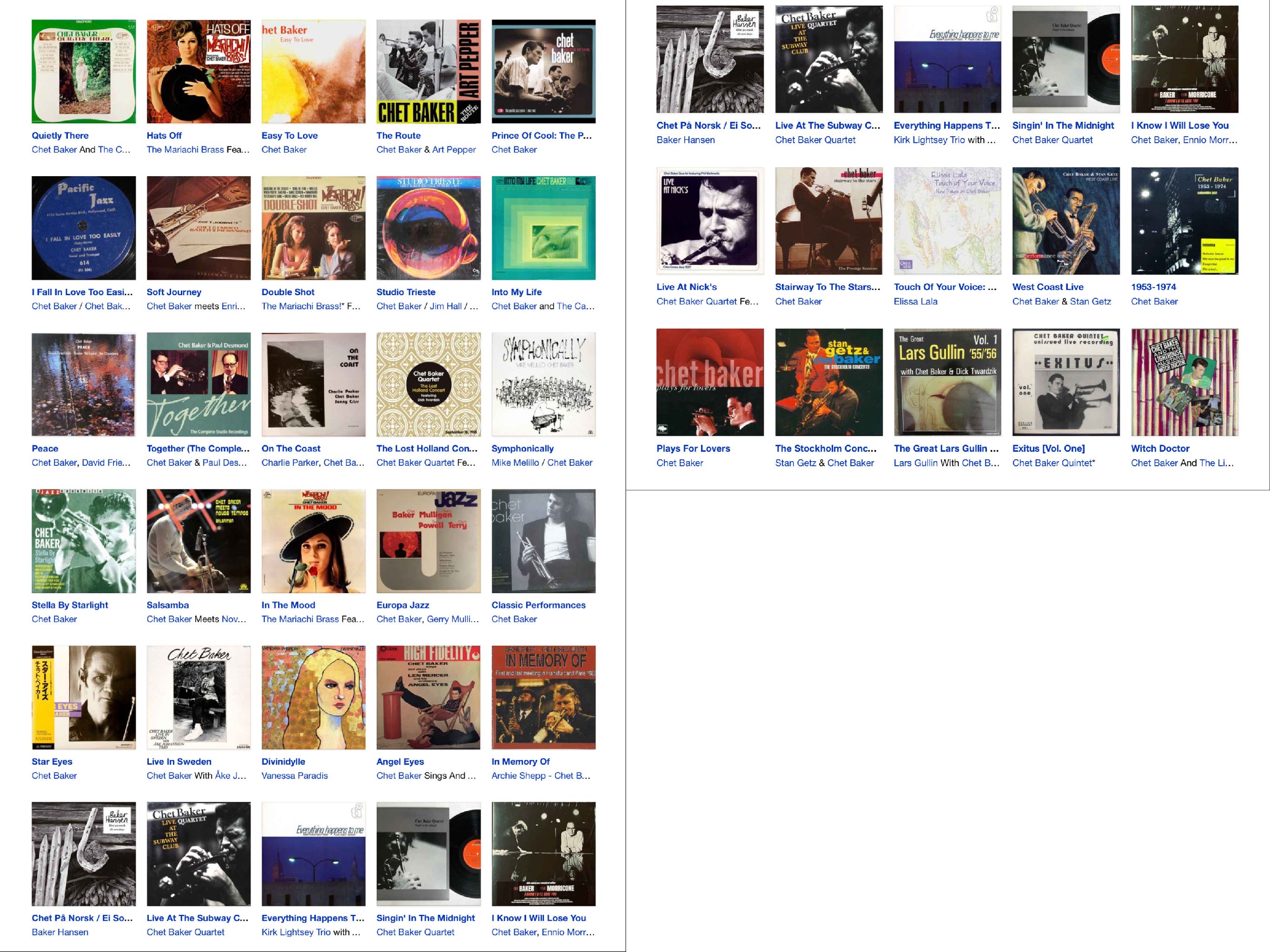 A color composite of many of Chet Baker's album covers with titles.