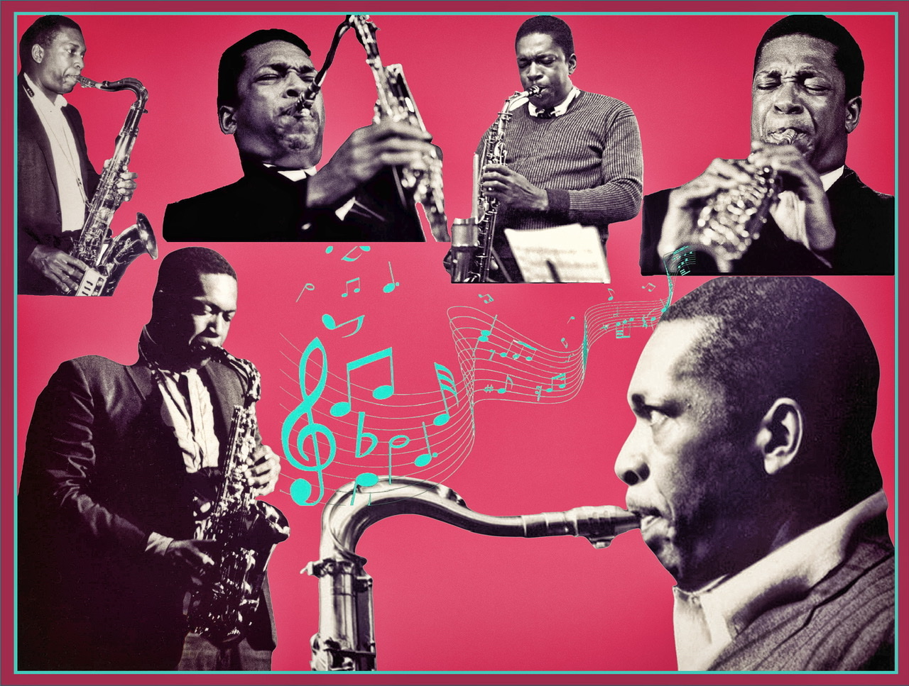 A composite of six photograph cutouts of John Coltrane playing his saxophone with four pictures on top and two on bottom on either side with musical notes on a score sheet in teal color floating between them on a hot pink solid background.