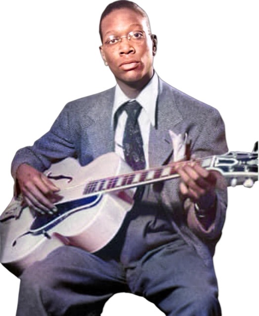 A colorized and enhanced photographic cutout of Charlie Christian wearing glasses facing camera while sitting and holding his guitar.