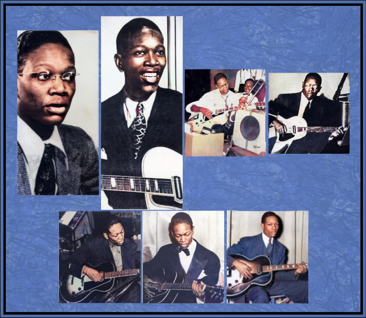Seven colorized photographs of Charlie Christian in a composite on a textured blue background.
