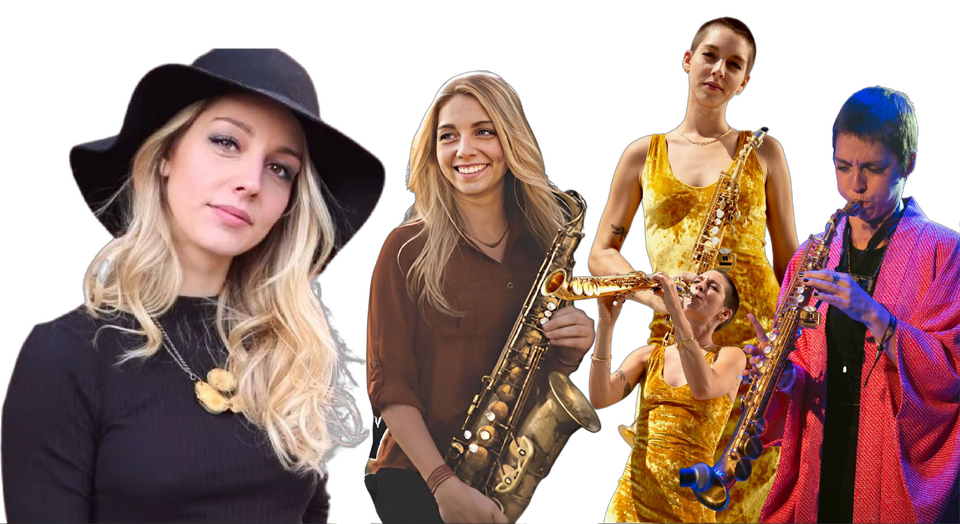 Five transparent color photographic cutouts of Hailey Niswanger.