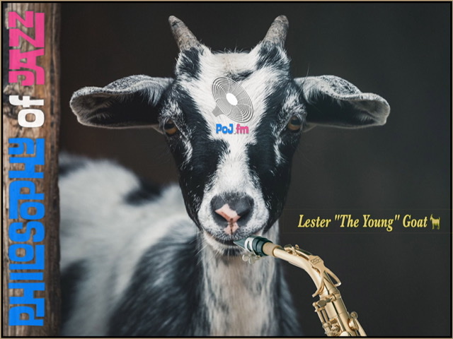 A closeup of a photograph of a goat's head looking straight at camera with the name displayed under of Lester "The Young" Goat and with PoJ.fm logos.