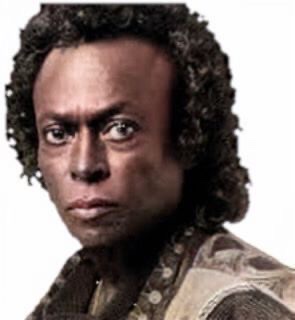 A colorized photograph of the head of late Miles Davis with a lot of hair.