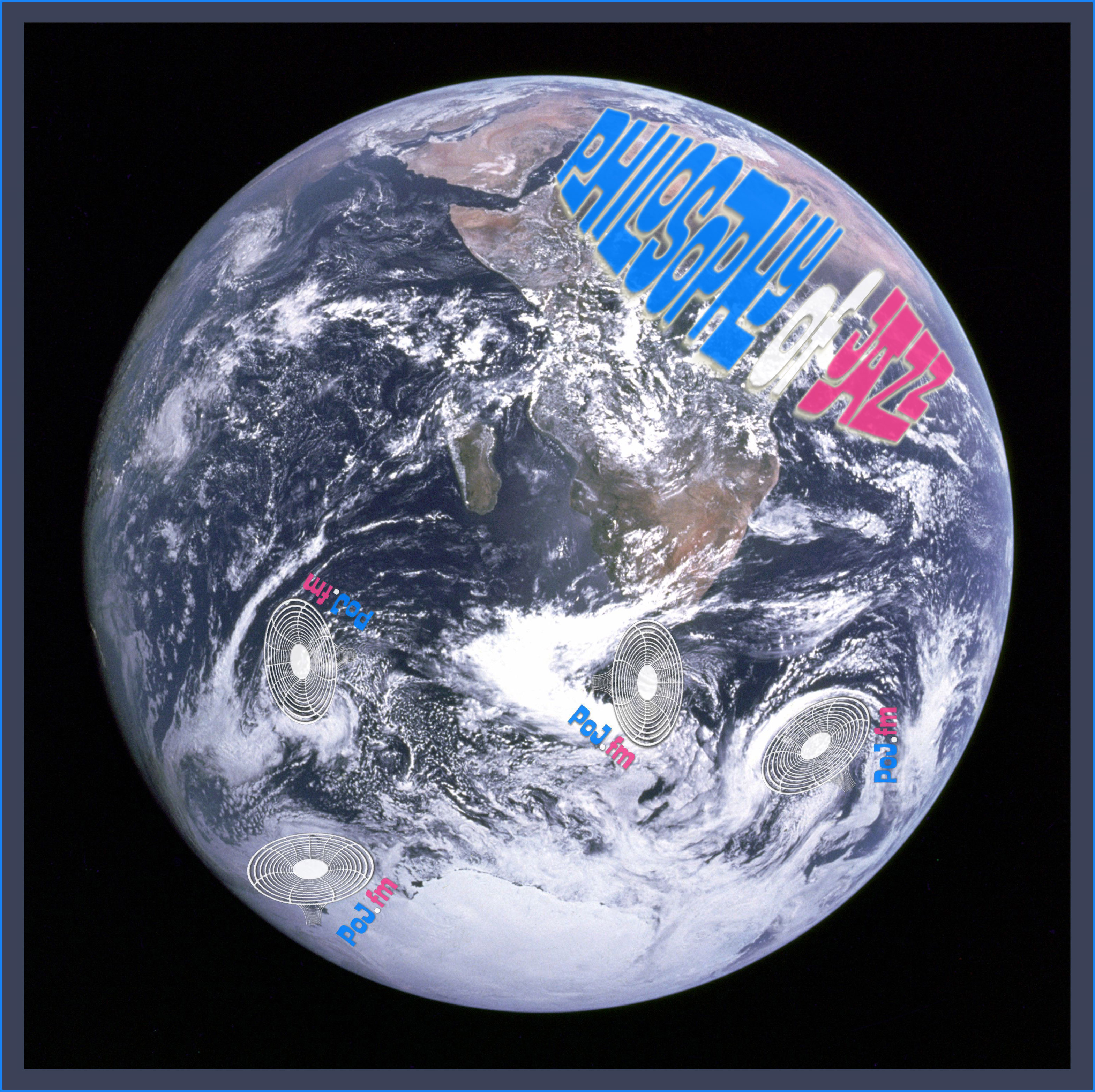 A full view of planet Earth 🌏 🌎 🌍 from outer space up close with PoJ.fm logos swirling in the clouds. on various continents