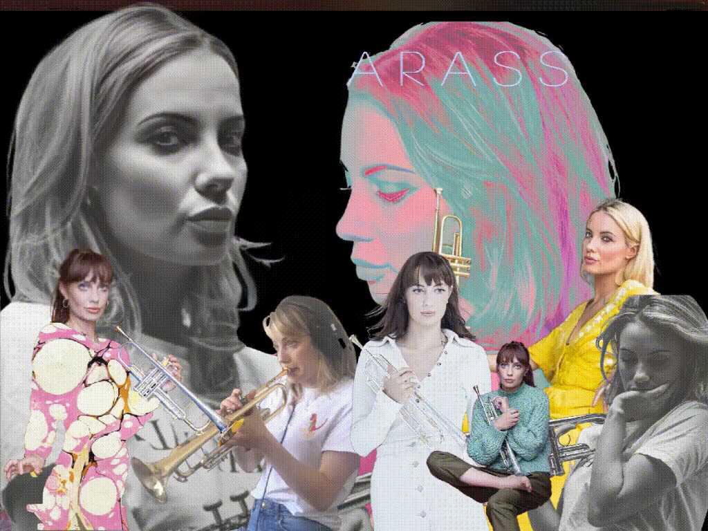 An enhanced color composite of eight photographic cutouts of Lily Carassik playing or holding her trumpet with the large leftmost head being animated.