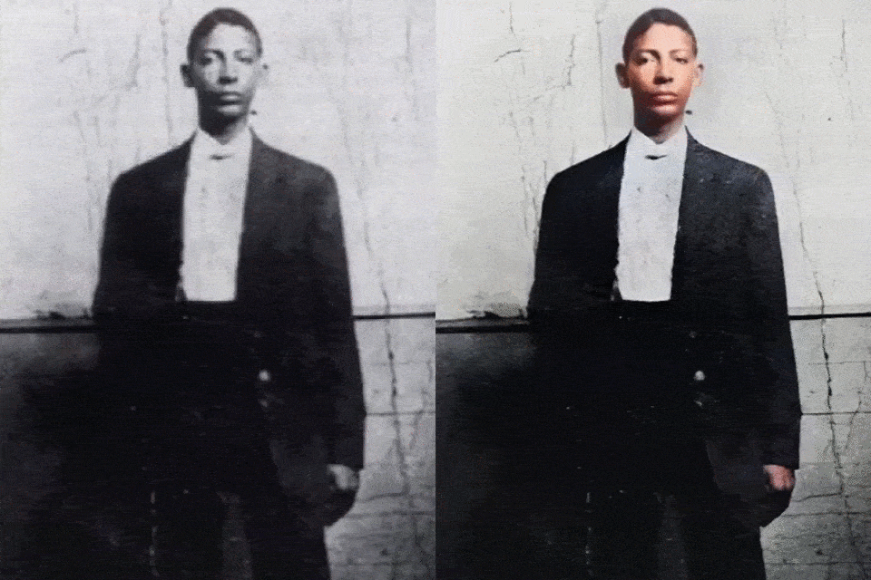 An enhanced black and white photograph of seventeen year old Jelly Roll Morton with a colorized and animated version of the same enhanced photo as a .gif on the right.