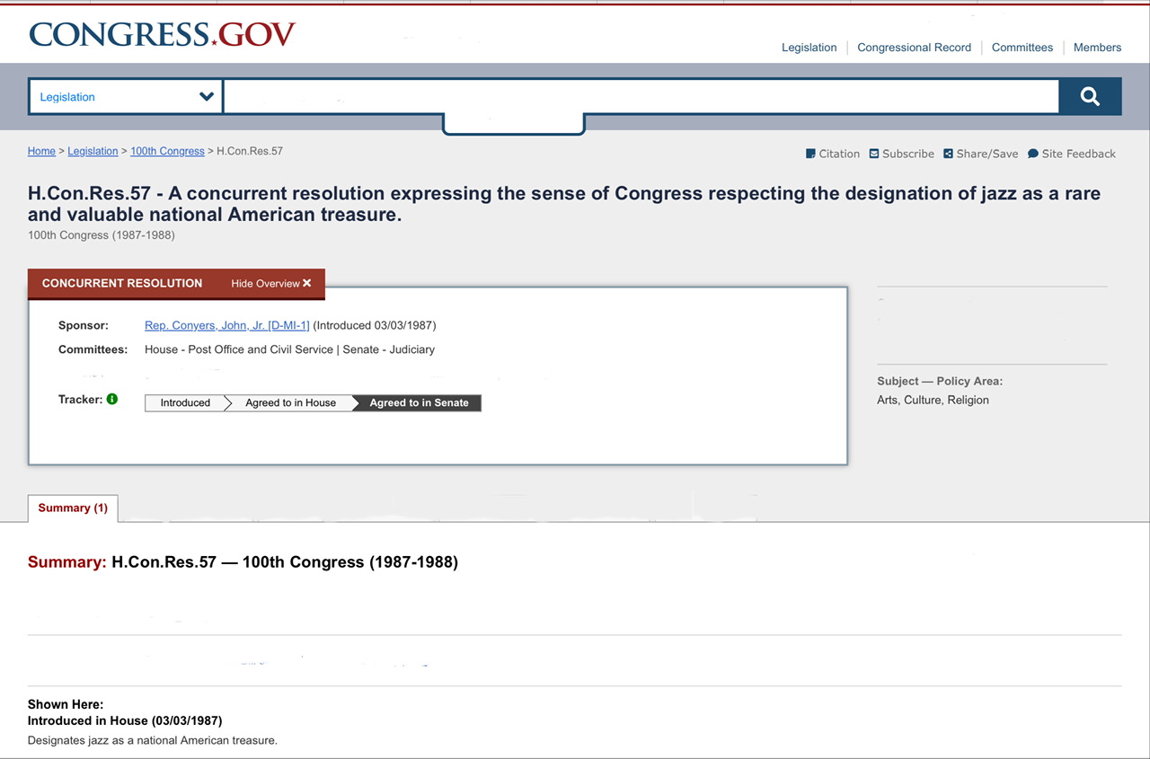 A page from the Congress.gov of the United States summarizing the 1987 resolution honoring jazz.