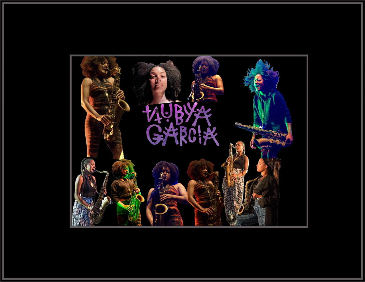 A framed composite of color photographic cutouts of ten different images of Nubya Garcia on a black background with a mauve internal border.