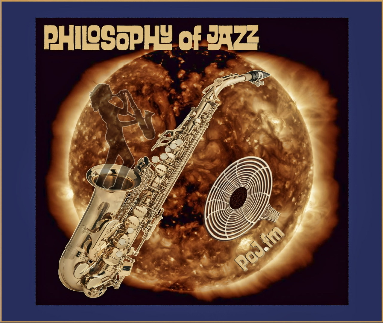 A silhouette of a female sax player with brown sun in background emanating out of a saxophone with PoJ.fm logos.