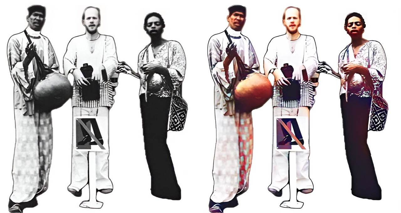 A black and white photographic cutout of the group Codona with Don Cherry on left, Collin Walcott in middle, and Naná Vasconcelos on right.