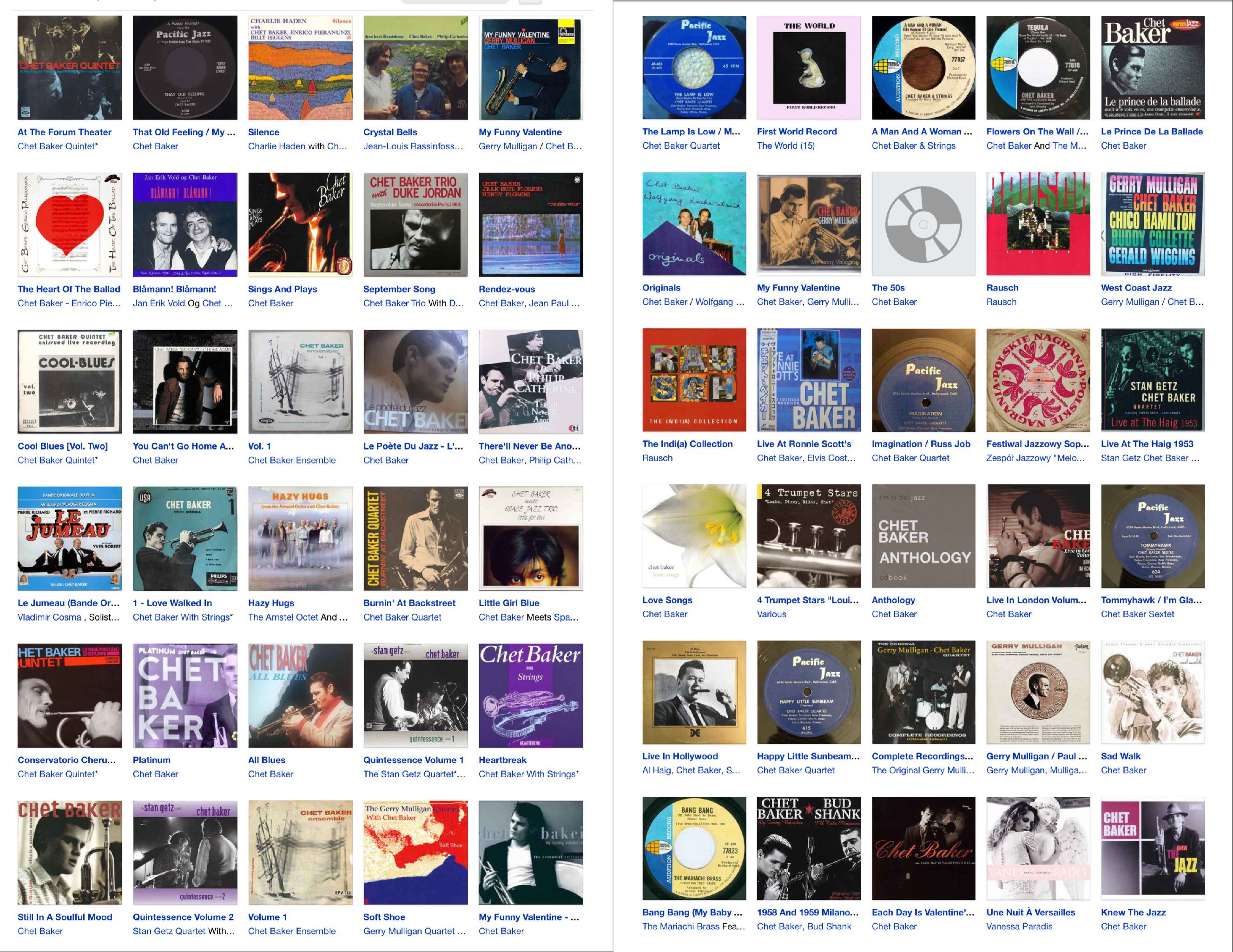 A color composite of many of Chet Baker's album covers with titles.