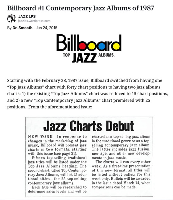Billboard makes a 1987 announcement of how jazz charts are now divided between Top Jazz Albums (of traditional jazz) and Top Contemporary Jazz Albums that include smooth jazz genres, amongst others.