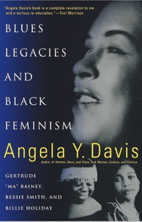 The dark blue cover of the book "Blues Legacies and Black Feminism" by Angela Y. Davis.