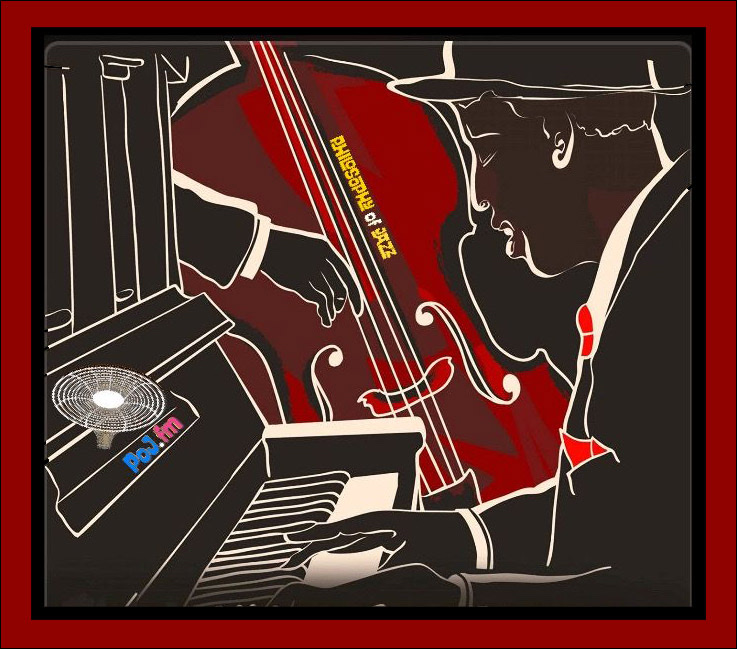 Cartoon drawn piano player exaggerated with acoustic double bass in background