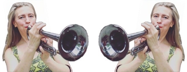 A color photographic cutout of identical Saskia Laroo with a green patterned shirt with straps blowing hard on silver trumpet facing each other.