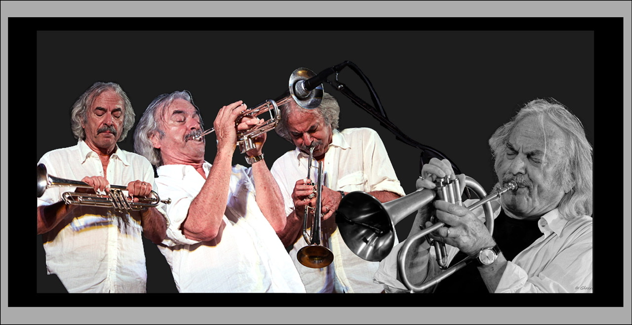 A collage of four cutouts of Enrico Rava at age 76 with long flowing almost to shoulders white hair with photographs by Simone Garza.