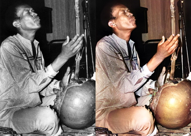 A dyptich of the same black and white photograph of Don Cherry playing a doussn'gouni with the right photograph having been colorized.