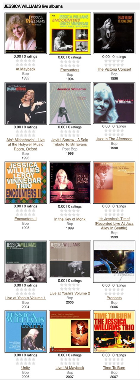 A collage of album cover from the recordings of Jessica Williams.
