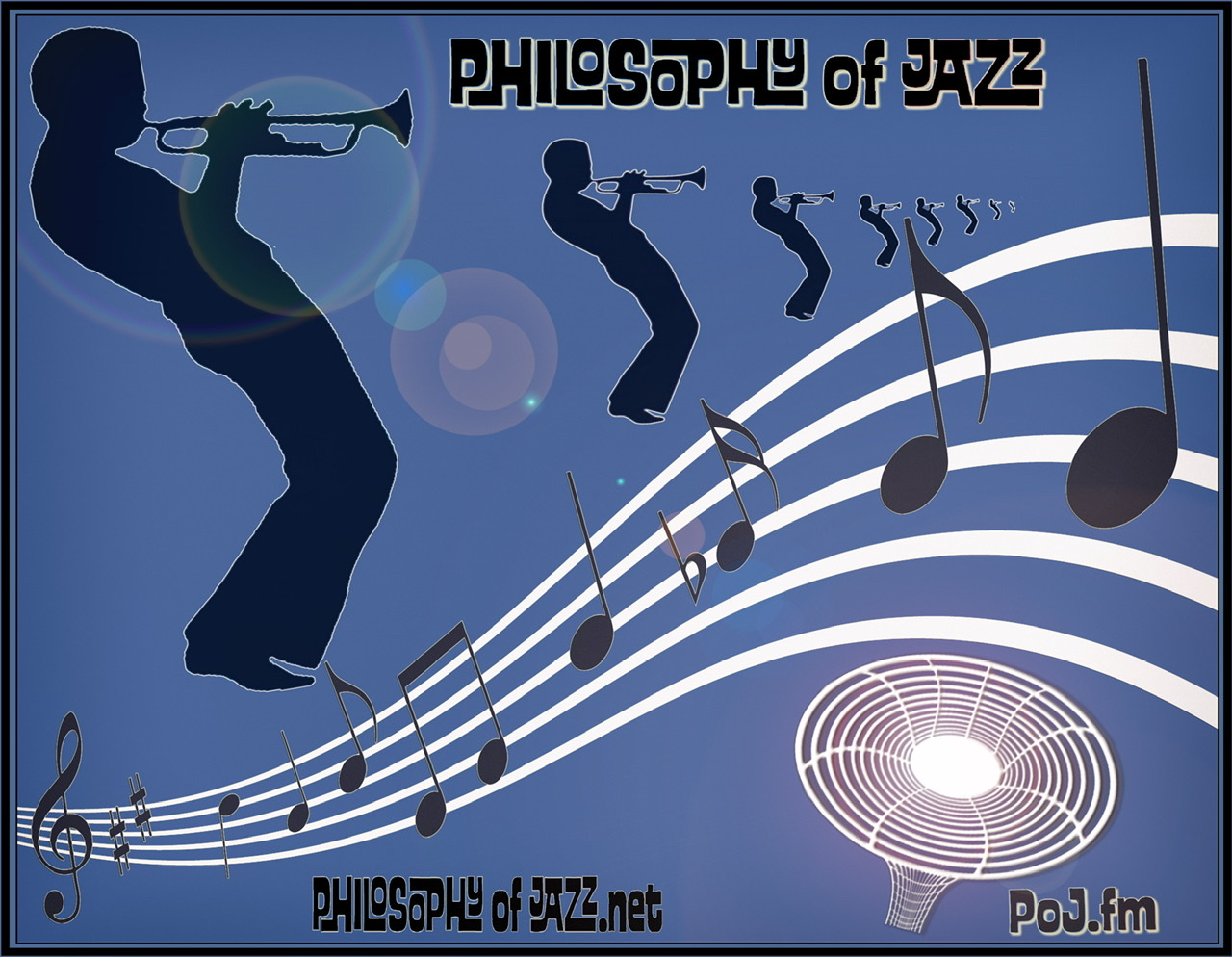 A framed graphic with rich dark blue background with multiple decreasing in size iconic trumpeter silhouettes standing on top of a musical stave and black PoJ.fm logos highlighted in white.
