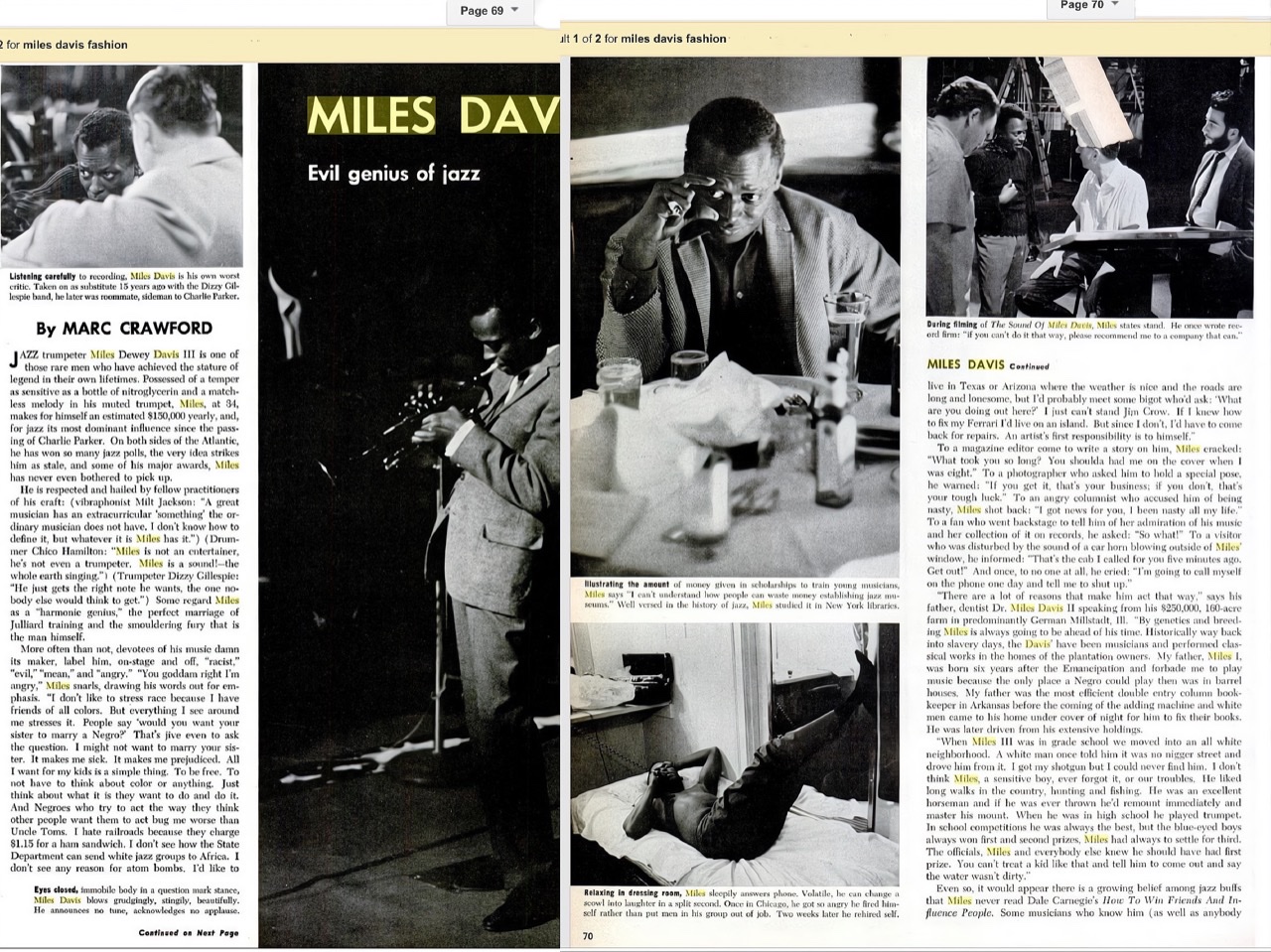 The opening pages of the article in the January 1961 Ebony magazine of "Miles Davis: Evil Genius of Jazz" from p. 69 followed on right side by page 70.