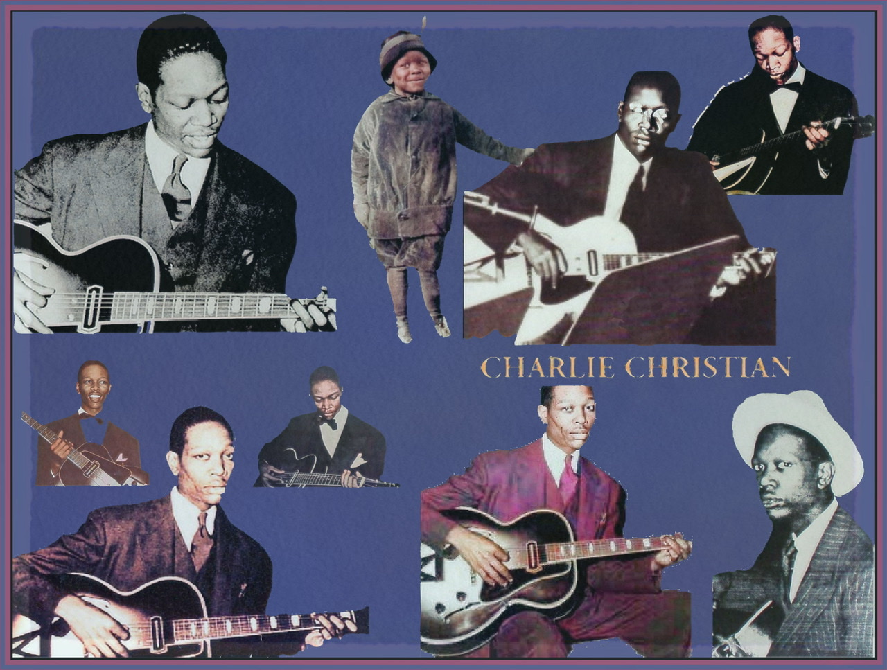 A framed composite of nine colorized photographic cutouts of Charlie Christian on a medium dark blue background with his name center-right in light orange letters.