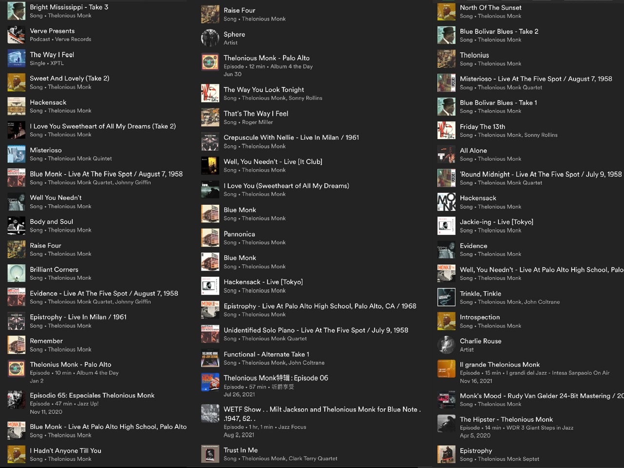 The Thelonious Monk discography with three columns of album covers and titles pictured on a black background at Spotify.com.