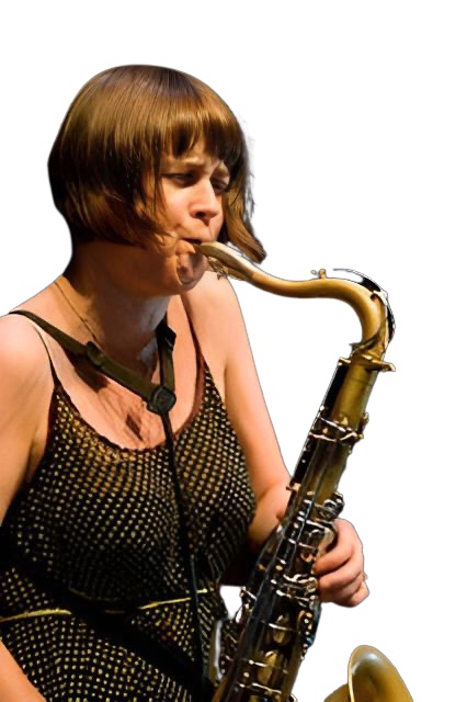 An enhanced color cutout of Ingrid Laubrock with a pixieish haircut blowing hard into her saxophone.