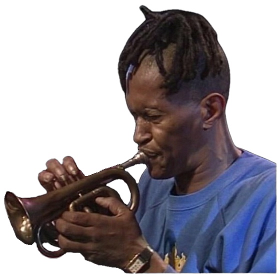 Don Cherry in profile  facing left wearing a blue shirt and wearing a vintage watch on left wrist playing a pocket cornet.