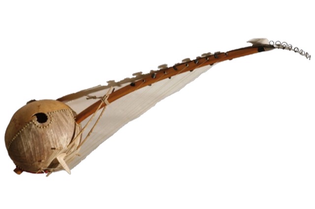 A color photographic cutout of a large Malian doussn'gouni with a calabash, six strings and a rattle.