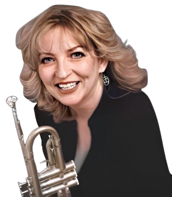 An enhanced and colorized photograph of Sue Richardson holding a trumpet towards her right side.