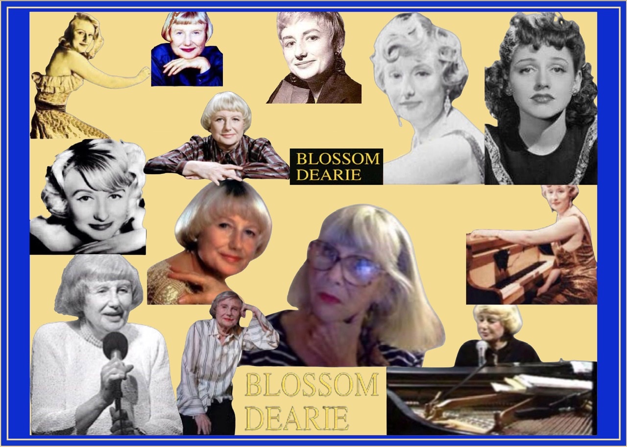 A framed composite of thirteen color  photographic cutouts of Blossom Dearie throughout her career on a soft yellow colored background with her name twice in graphic.
