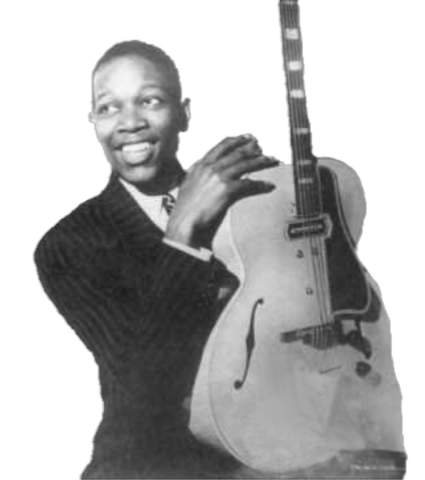 A black and white photographic cutout of Charlie Christian smiling and holding his guitar in front of himself with the neck pointing straight up.