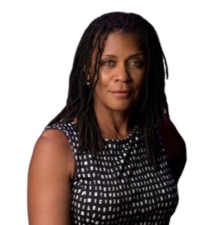 A color cutout of Lenora Zenzalai Helm Hammonds wearing a black and white small squares dress