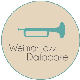 A circular logo with a thin teal border and a centered teal silhouette of a trumpet with bell facing to the right and the words "Weimar Jazz Database" centered underneath the trumpet on a tan background.
