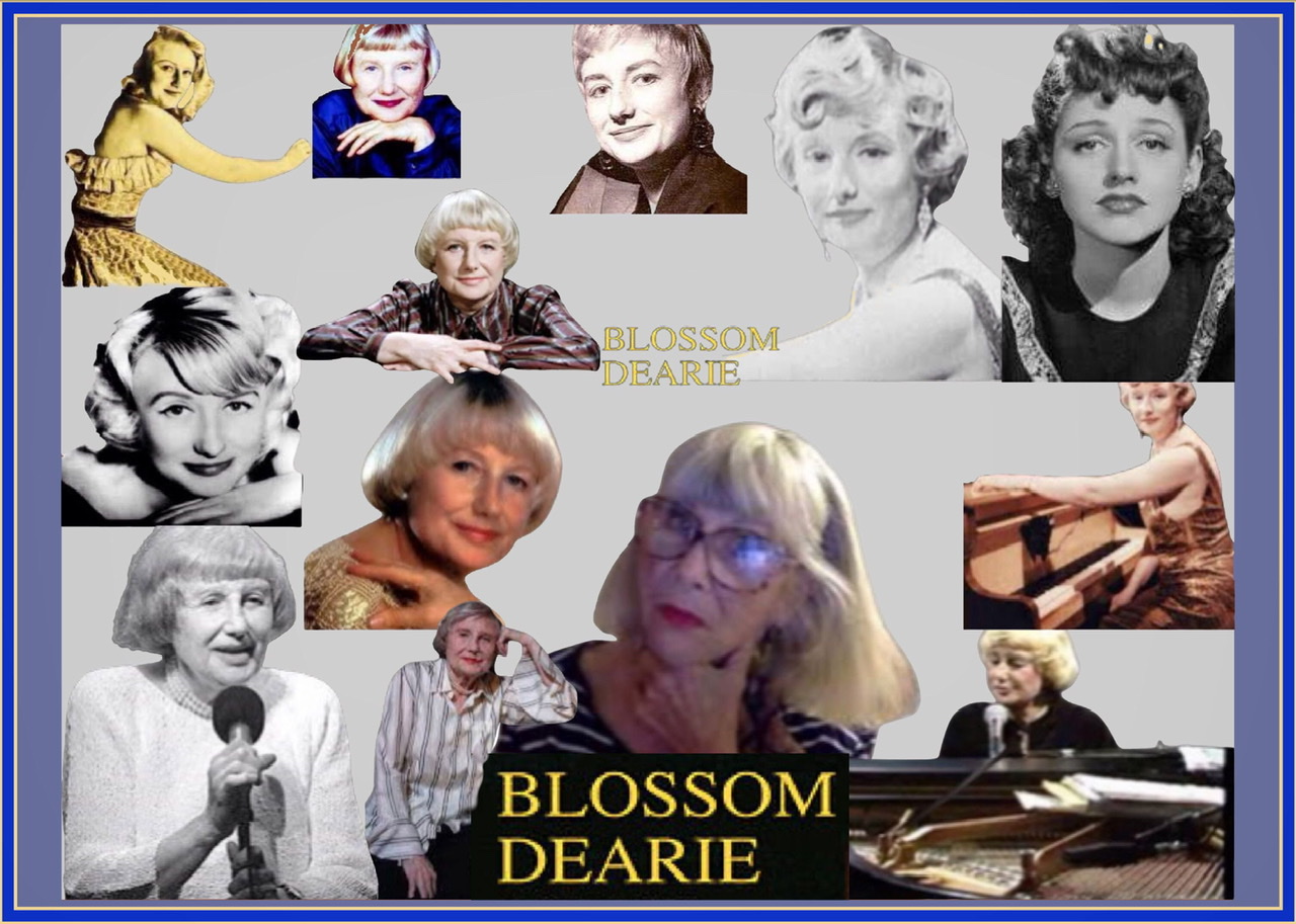 A framed composite of thirteen color photographic cutouts of Blossom Dearie throughout her career on a gray colored background with her name twice in graphic.