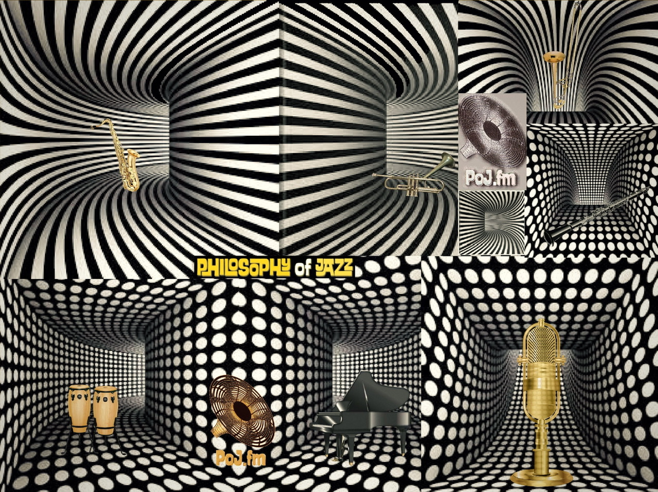 An i framed graphic of curved optical corridors of either black and white lines or black and white circles with PoJ.fm logos.