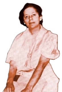 A colorized photographic cutout of Bertha Gonsoulin wearing a white dress and a plain expression on her face facing the camera.