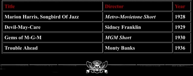 A table listing Marion Harris's four fils, the director, and the year in a black background box.