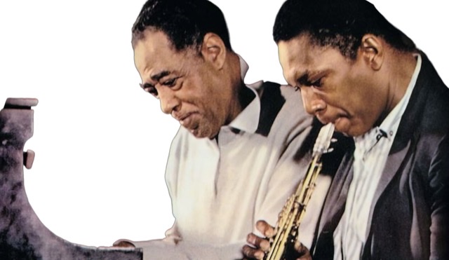 A colorized and enhanced slightly photographic cutout of an upright piano on left side while Duke Ellington looks on music score sitting on piano bench during John Coltrane's performing music using a straight soprano saxophone with his head bent forward and down blowing his saxophone on far right in picture.