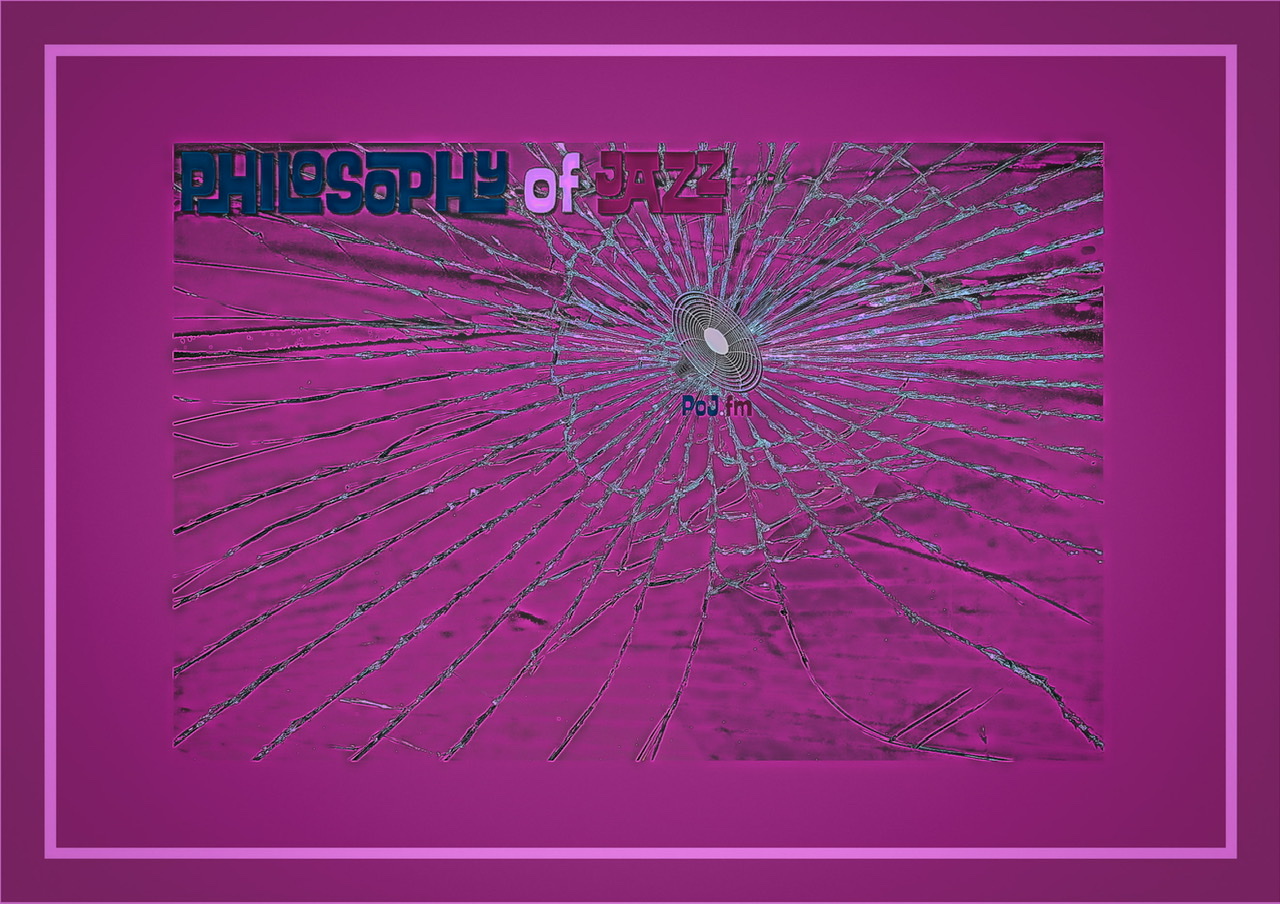 A framed graphic of a circular impact on glass with cracks and PoJ.fm logos.