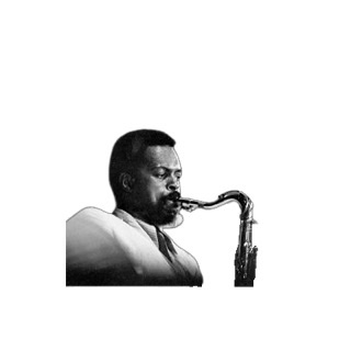Albert Ayler in a black and white photograph from the waist up blowing his saxophone.